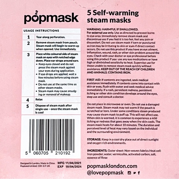 POPMASK Self Heating Sleep Mask for Tired Eyes Rose Scent NEW 5 Pack Sealed Box - Picture 14 of 14